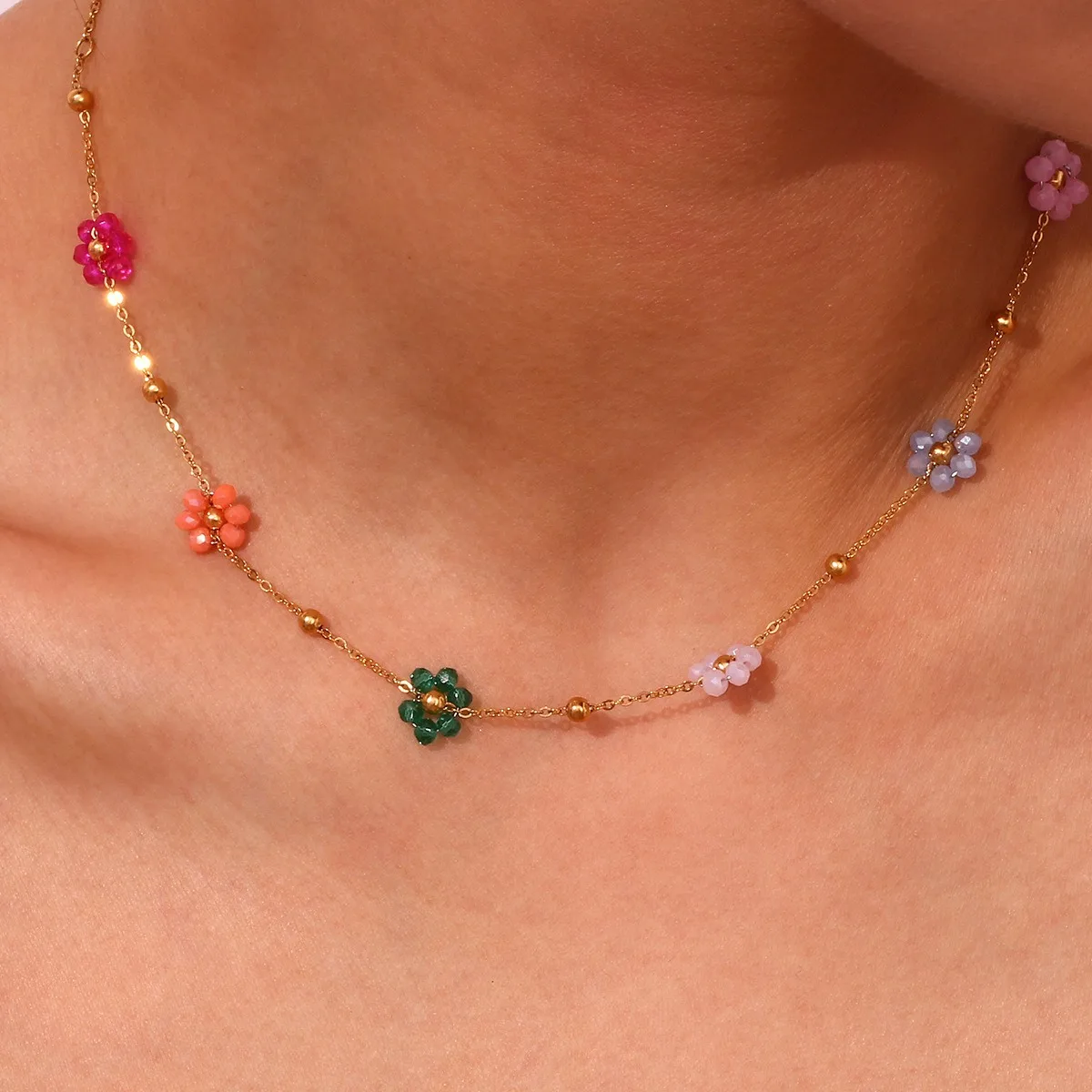 Summer Fashion Internet Celebrity Beaded Flower Chain Jewelry Innovative Design Stainless Steel Bracelet Necklace Waist Chain