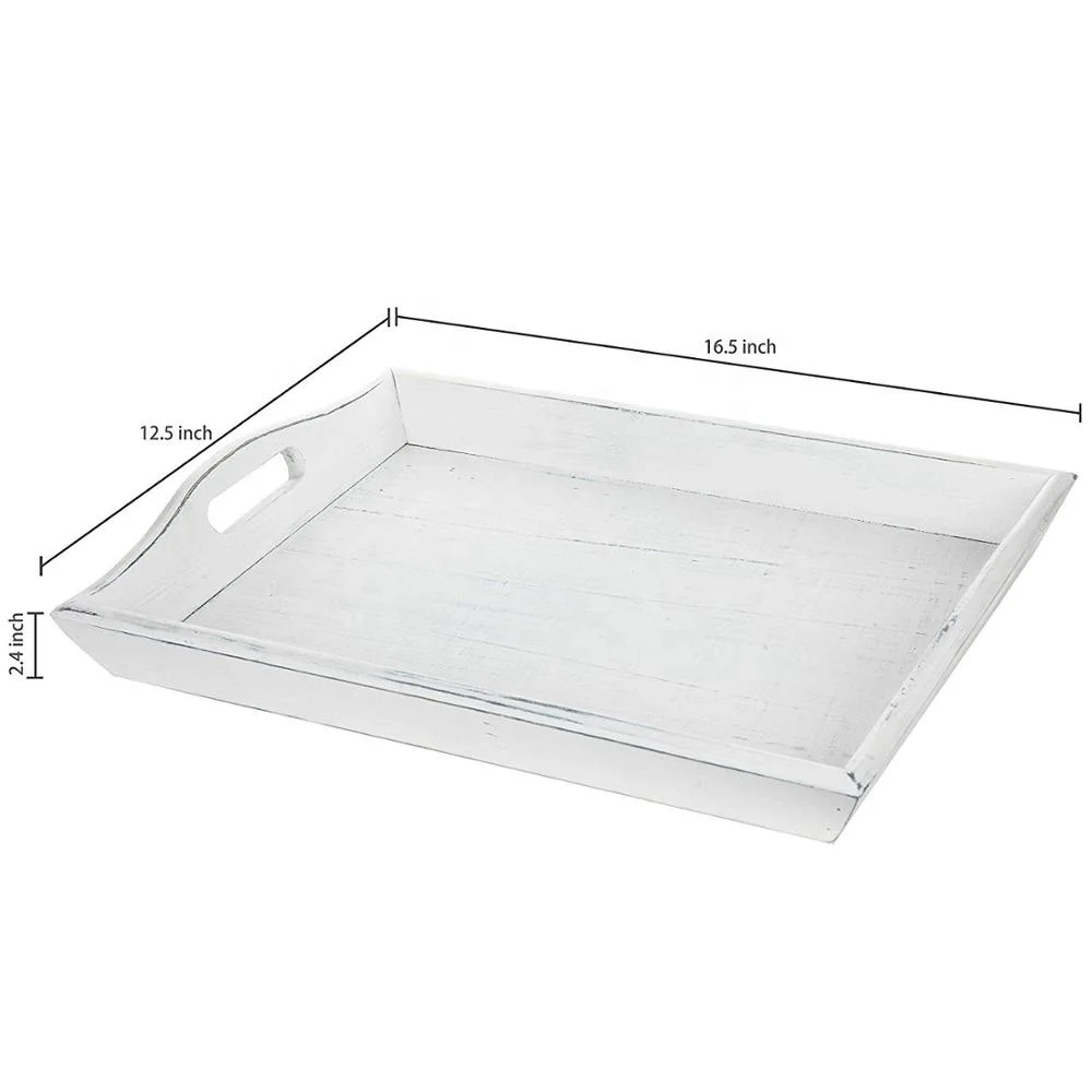 
Ottoman Tray 16-Inch Rustic Wooden Serving Tray With Handles Vintage White (IBEI hotsale product) 