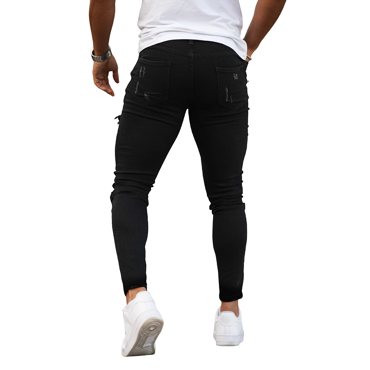 Gingtto Custom White Black Denim Men Jeans Pants Trousers For Men Tapered Stretch Distressed Ripped Damage Skinny Jeans