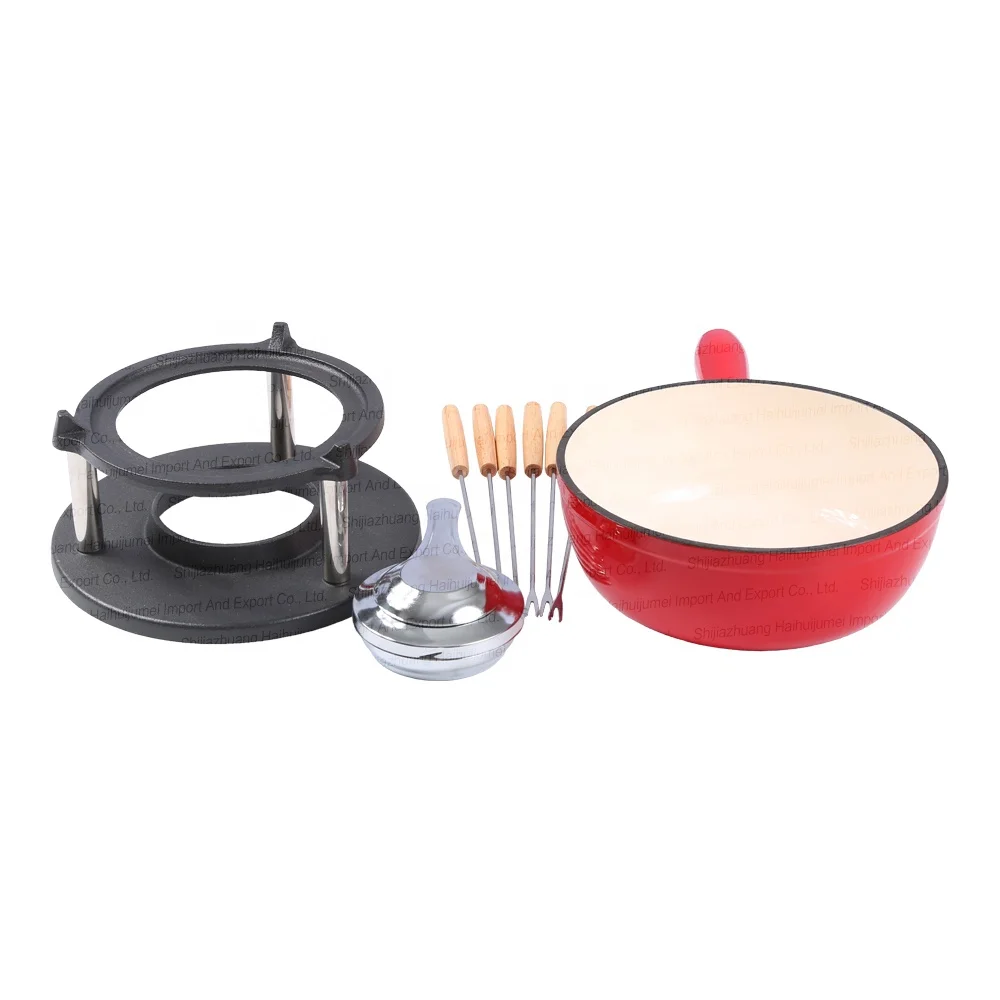 Cast Iron Enamel Cookware Round Red Fondue Set Cheese Chocolate Nonstick Pot