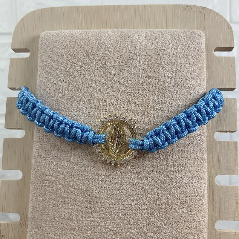 Custom virgin mary zircon gold charm handmade woven braided rope bracelet women