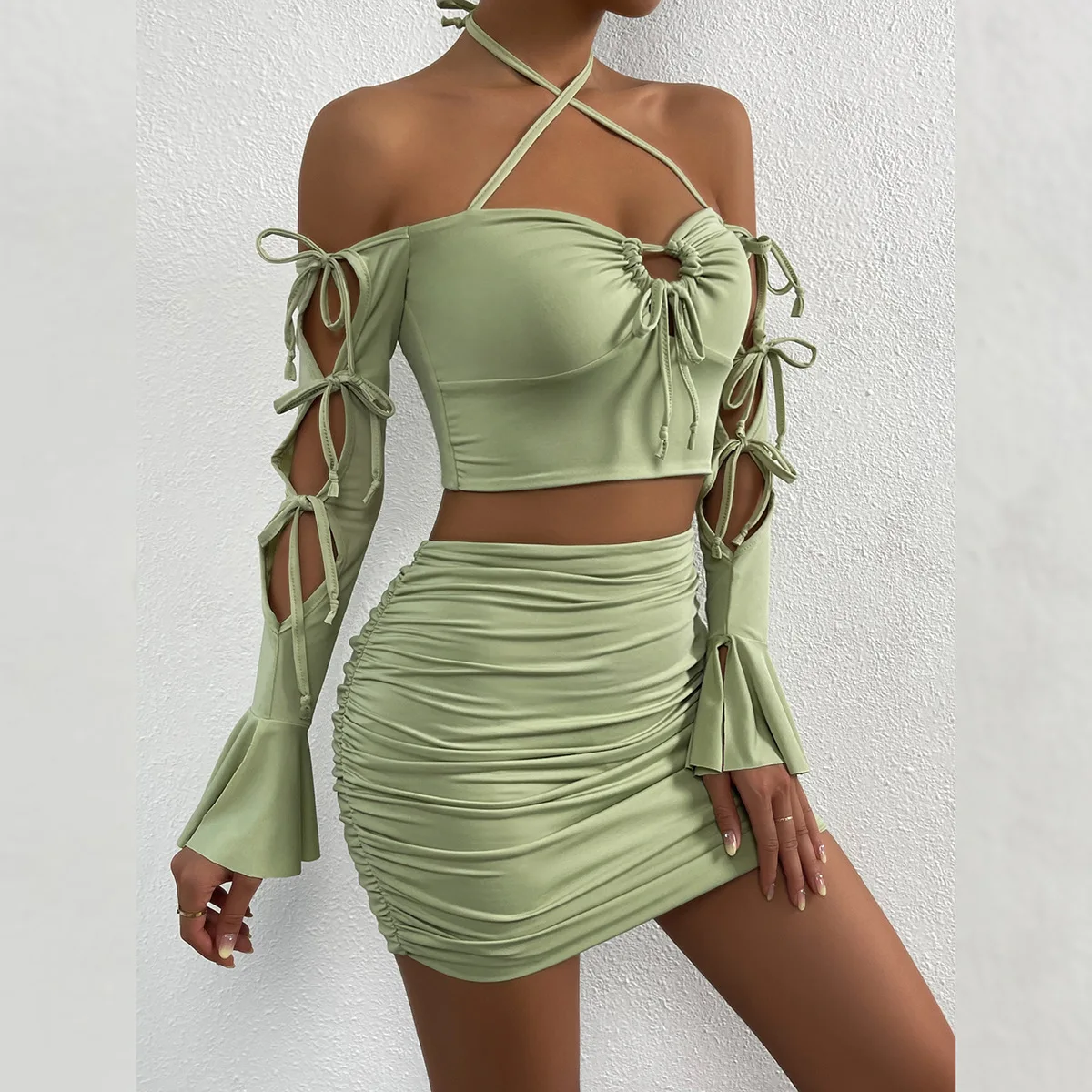 Новый модный дизайн расклешенный рукав с открытыми плечами из двух частей с вырезами сексуальное женское мини-платье для ночного клуба женские платья