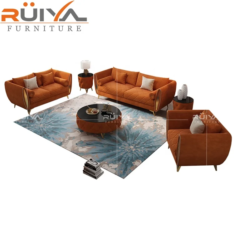 High luxury living room furniture  orange velvet Sofa chesterfield sofa set designs 1 2 3