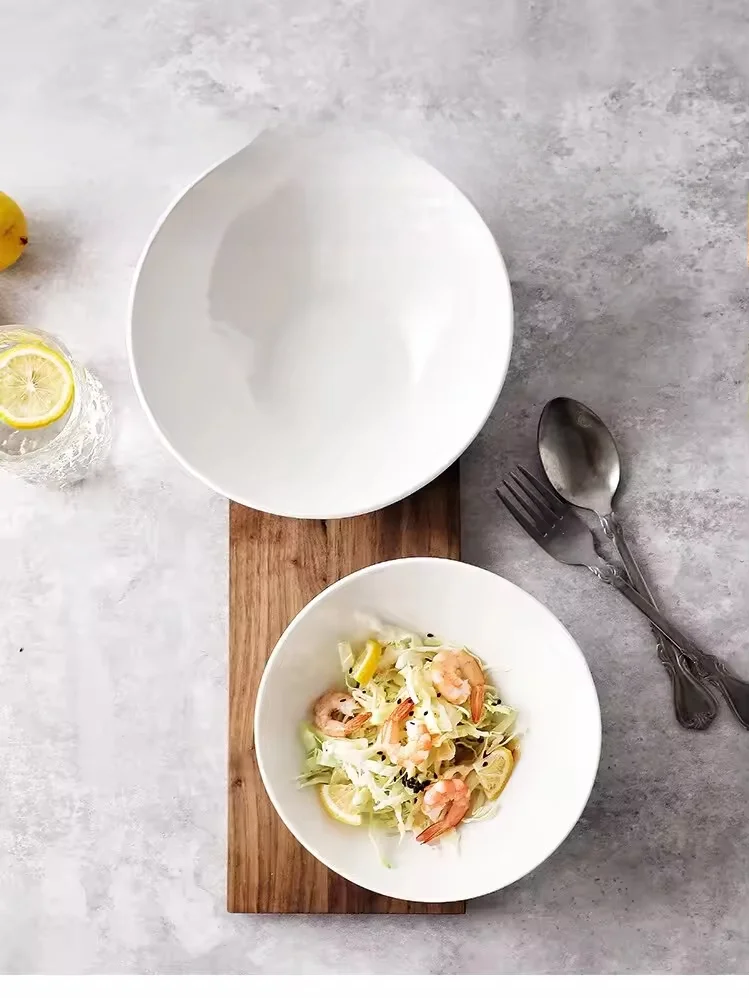 Wholesale Custom Decor New Design Simple Household Yogurt Shaped Slanted Boat Shape White Pasta Ceramic Fruit Salad Bowl