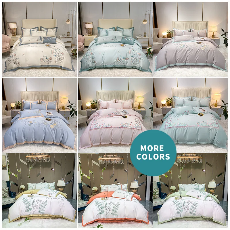Pastoral Embroidered Flowers 4pcs Duvet Cover Set 100% Cotton luxury Soft Bed sheet set with Pillowcases