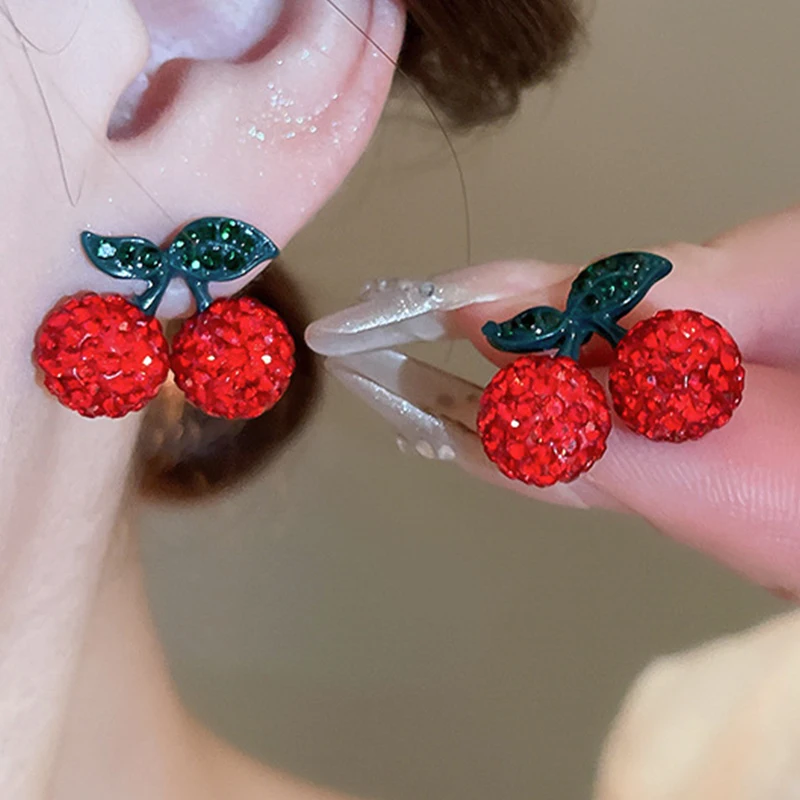 Silver Needle Fruit Cherry Earrings Fresh and Fashionable Style Earrings Sweet and Cool Style Sweet and Advanced Earrings