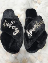 Customized Glitter Text  Plush Flurry Slippers For Wedding Bride Bridesmaid Proposal