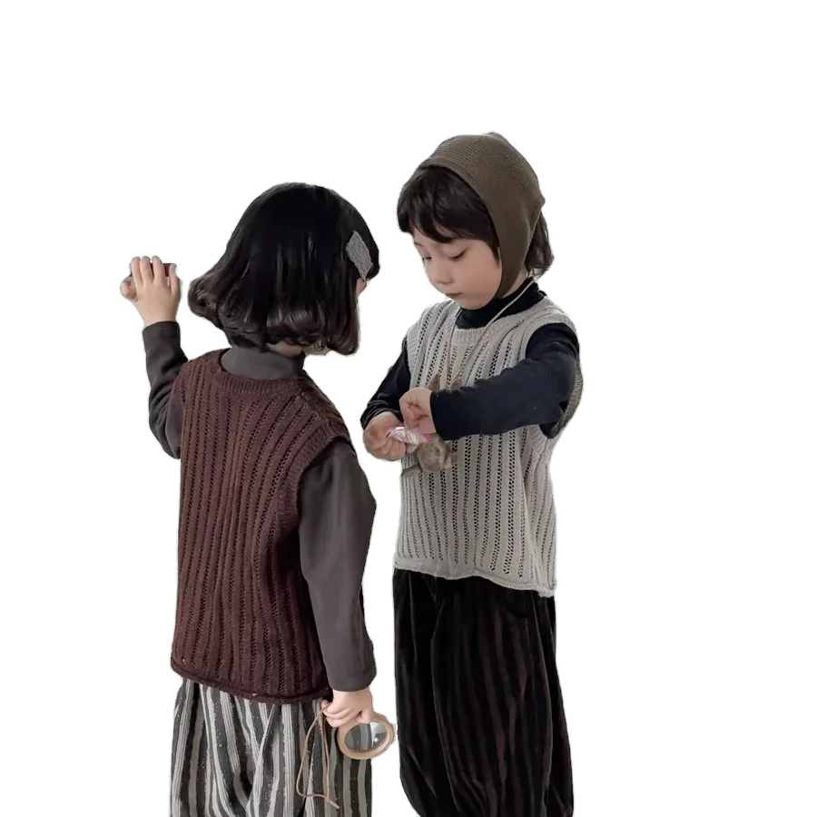 Children Autumn New Solid Color Knitted Tank Top for Boy Girl baby Forest style Retro Vest Top