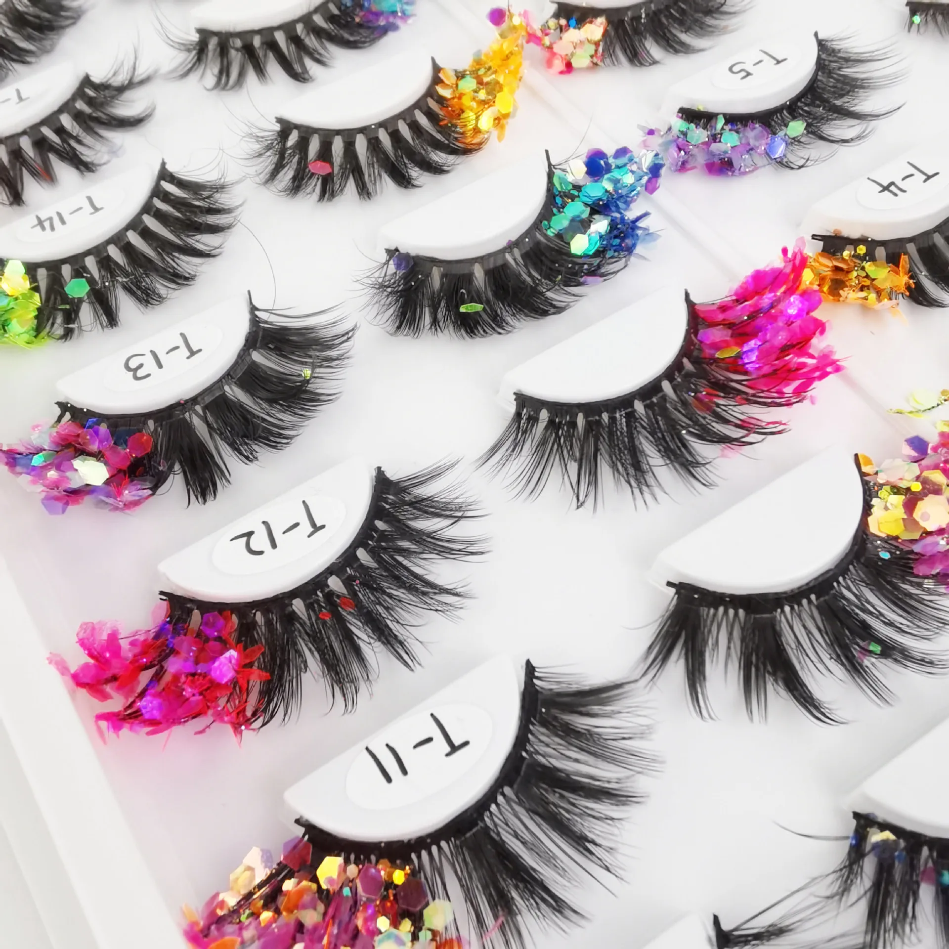 Wholesale 2024 Simei colorful eye tail 3D false eyelashes glitter sequins fluorescent chemical fiber thick false eyelashes