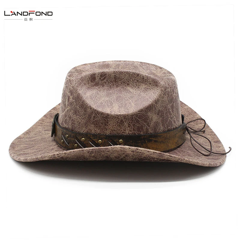 Landfond accessory suede cowboy hats for men and women vintage pu trim outdoor sunshade jazz  fedora hat