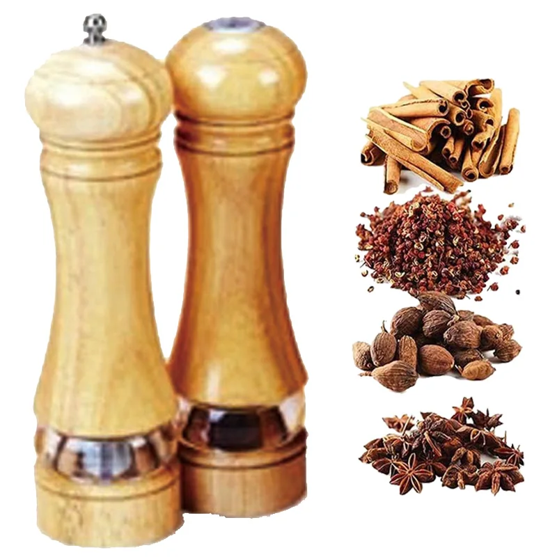 GOURMAID Rubber Wood Salt Pepper Grinder Salt and Pepper Mills with Acrylic Transparent Window
