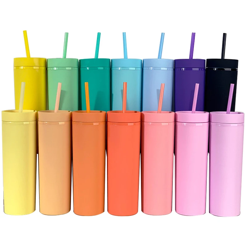 16oz 500ml Water  Coffee Drinking Double Wall Acrylic Plastic Cups Matte Printing Plastic SlimTumbler with Lid and Straw
