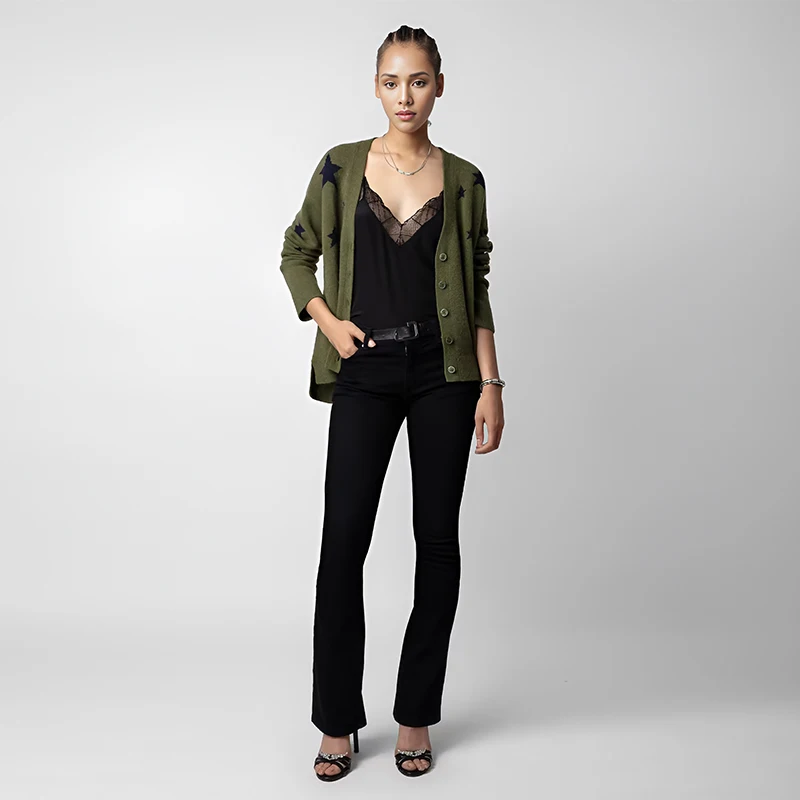 Factory Custom 12GG Star Pattern Warm Long Sleeves Cardigan Jacquard Sweaters Casual Knit Button Cardigan Coat Women Sweater