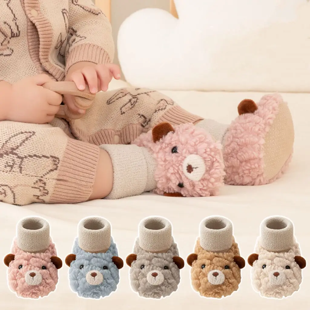 Winter Thicken Cashmere Soft Warm Infant Shoes Socks Fancy Cartoon Bear Dolls Anti Slip Baby Floor Socks