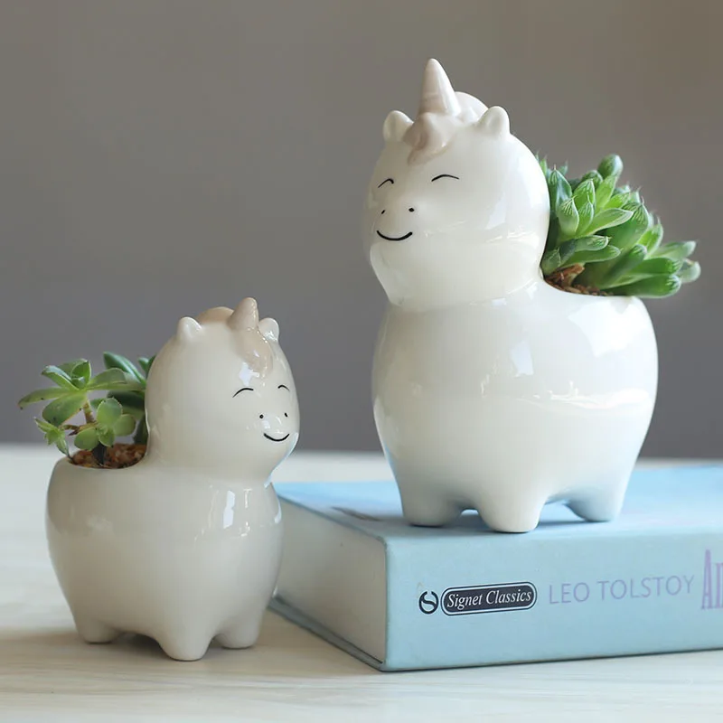 Небольшой скандинавском стиле сочные цветочный горшок белого цвета с принтом из мультфильма, с цветами и животными, керамический цветочный горшок