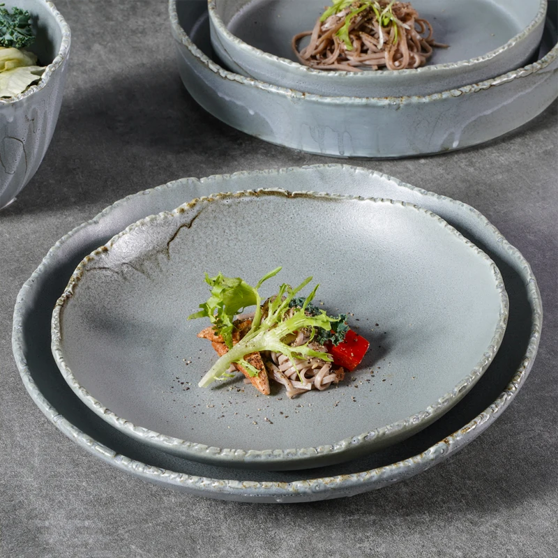 YAYU New Star Class Restaurant Porcelain Tableware Curry Rice Deep Tazon Dishes Irregular Edge Grey Matte Ceramic Dinner Plates