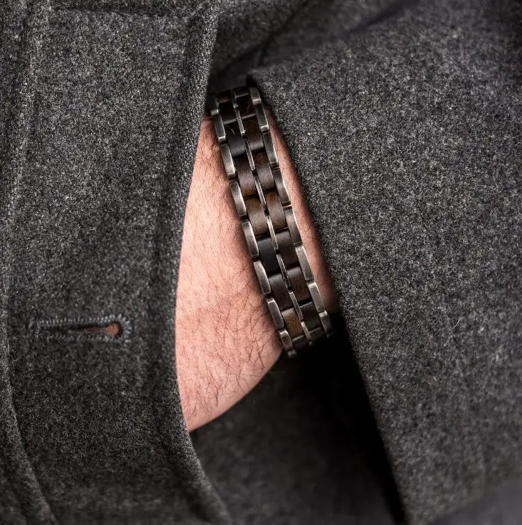 Unique Amazing Mens Link Bracelet Antique Silver Stainless Steel Ebony Hawaiian Handmade Wood Bracelets For Men