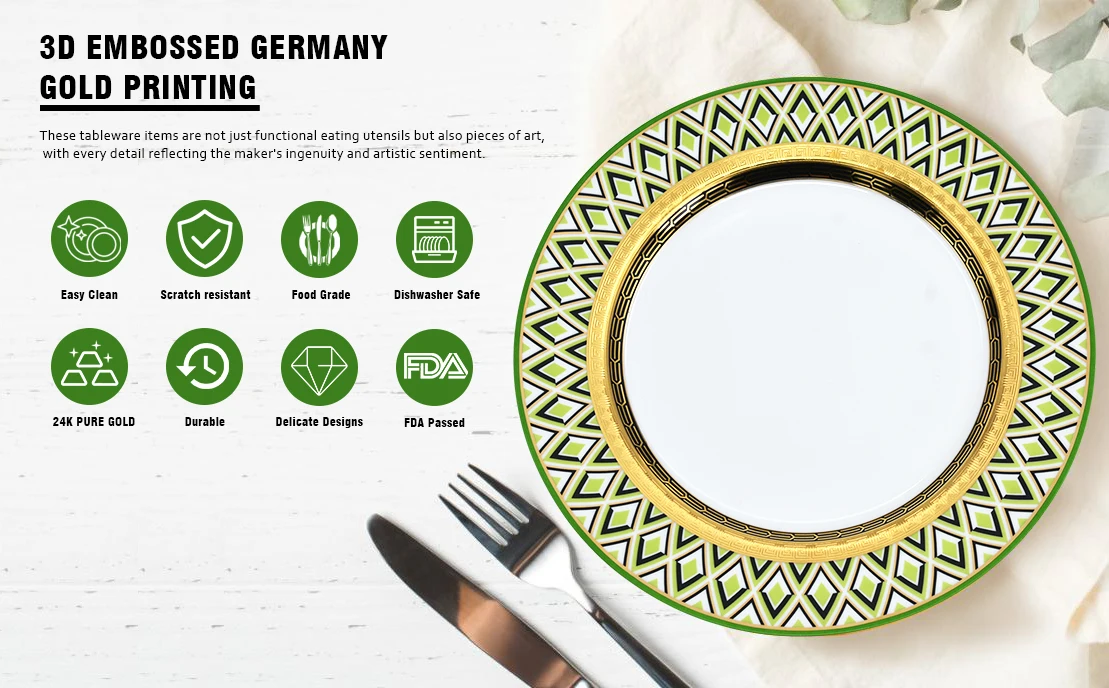 2PCS elegant green color classical bone china porcelain10.5inch with 8inch gold rim  Europe dinner dish plate sets