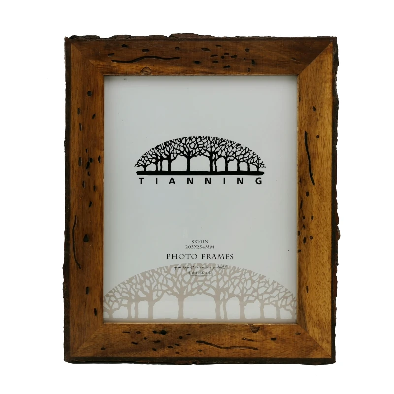 Custom Size Home Desktop Wall Decor Solid Wood Poplar Wormhole Decor Wooden Photo Frame Live Edge Bark Veneer Photo Frame
