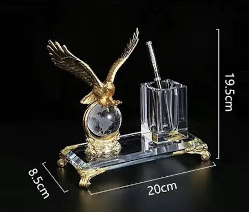 Grace Made Luxurious Business Gifts Handmade Office Stationary Crystal Glass Pen Holder With Golden Eagle