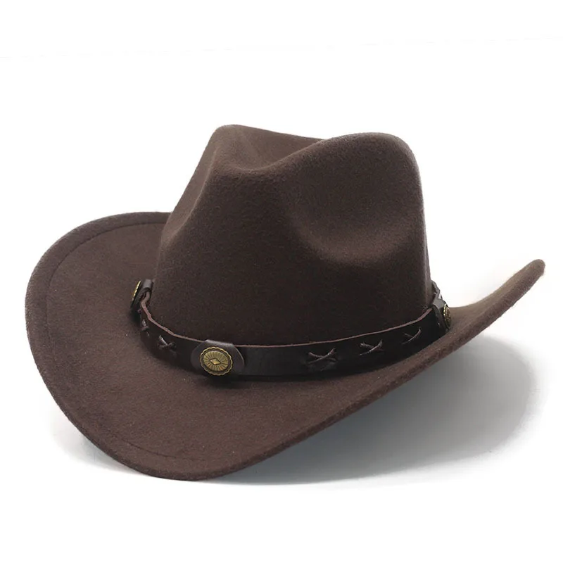 Men wool felt cowboy hat roll up brim fedora hat with PU ribbon