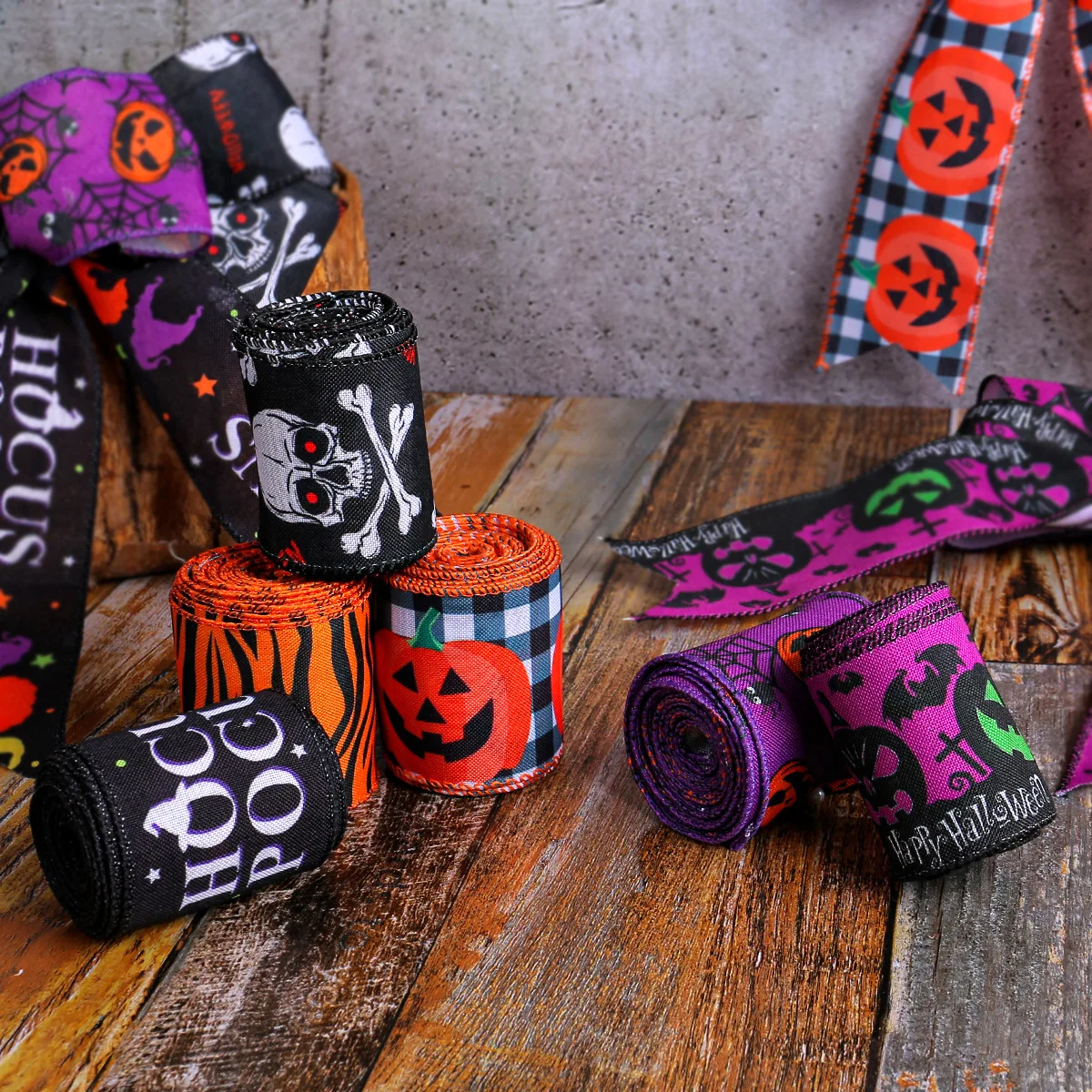 Halloween Wired Edge Ribbon Spider Web Printed  Halloween Theme Wrapping Ribbon Holiday DIY Craft Ribbons for Home Party Decor