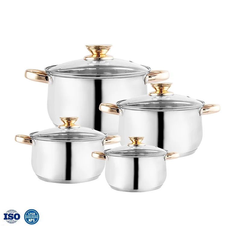 Supply Amazon wholesale 8pcs golden plated handles stainless steel cookware set for gas burner induction cooker cooking pot set