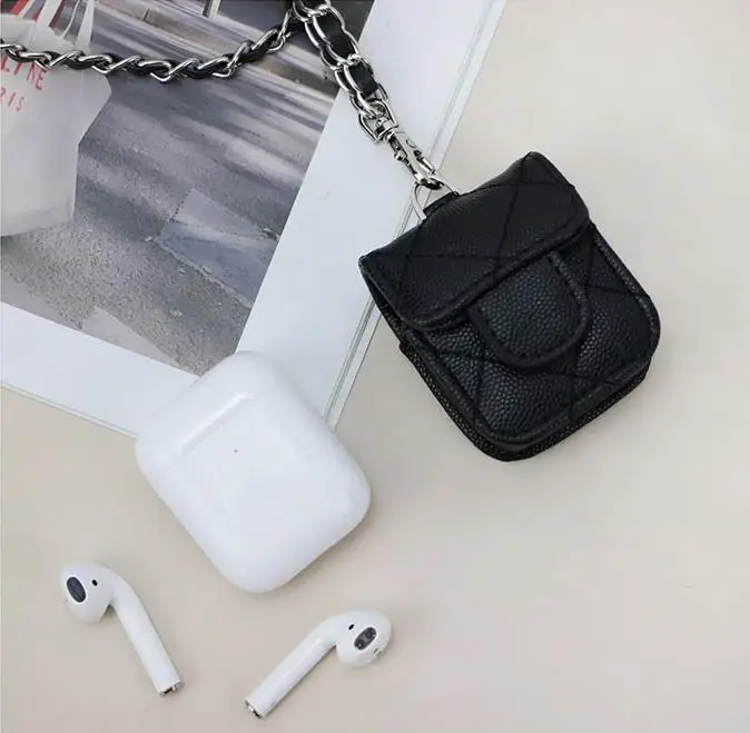 Portable earphone bag stitched PU leather mini lanyard bag case earphone sleeve for Airpods 1 2 pro