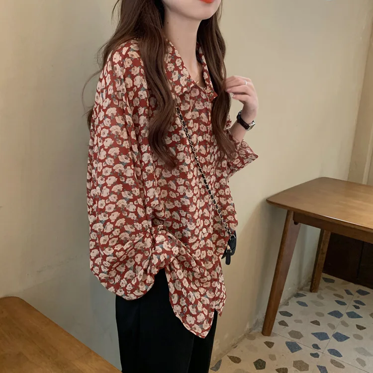 woman clothing  floral print ladies tops long sleeve Korea styles chiffon woman blouse