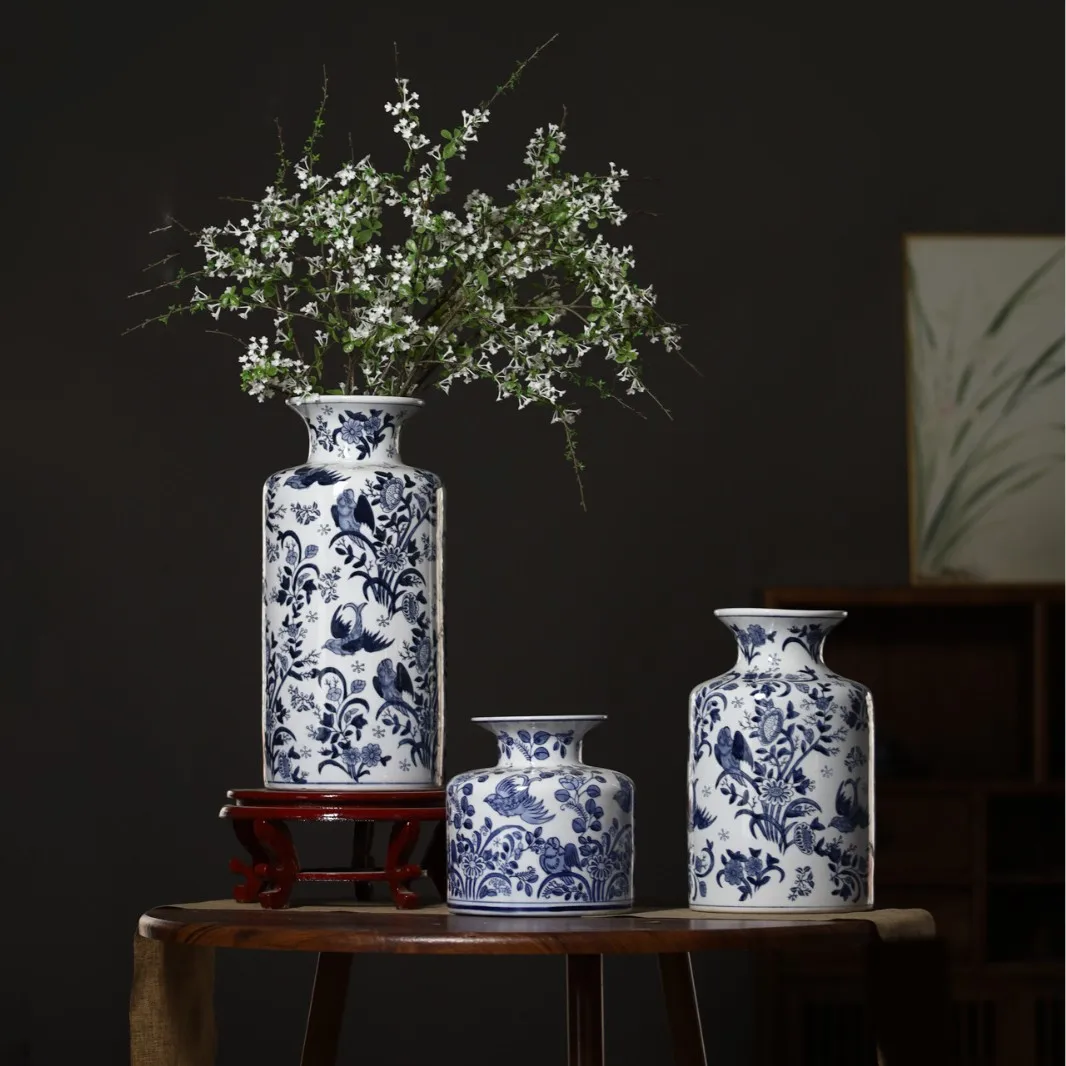 Jingdezhen Antique Blue and Flower Bird Vase Ornaments Chinese Ceramic Living Room Decorations