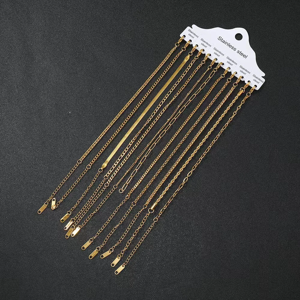 12pcs set Wholesale Stainless Steel Chain 18K Gold Plated Chain Hip Hop Jewelry Miami Cuban Curb Chain Herringbone Link