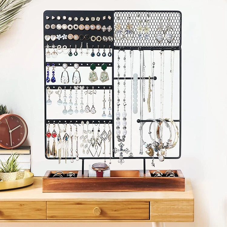 Jewelry Organizer Stand,Earring Organizer with 84 Holes Ear Stud,Jewelry Organizer Holder with Wooden Tray for Earrings Necklace