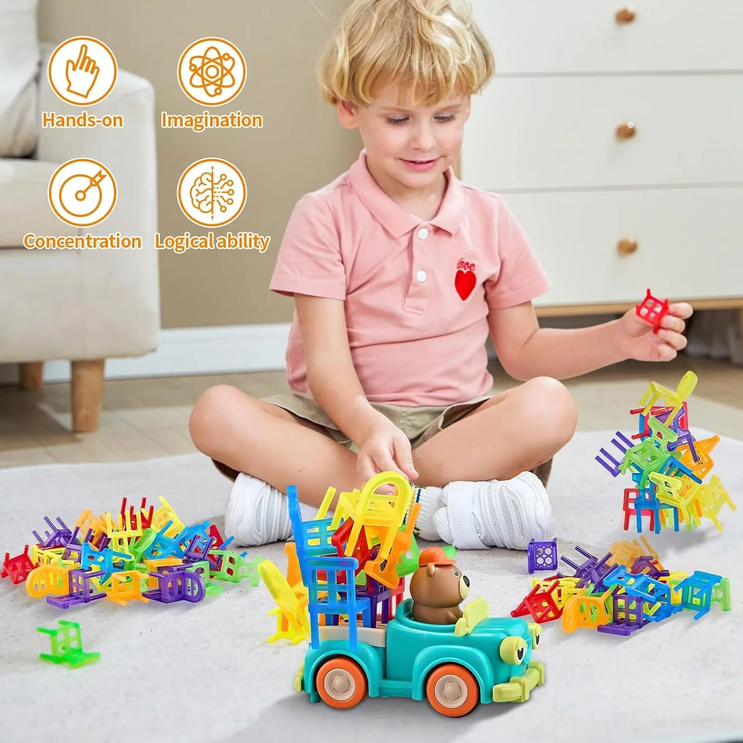 2024 Hot Selling Kids Sensory Toy Set Balance Gaming Stacking Chairs 48 PCS Chairs Balance Game Electric Car
