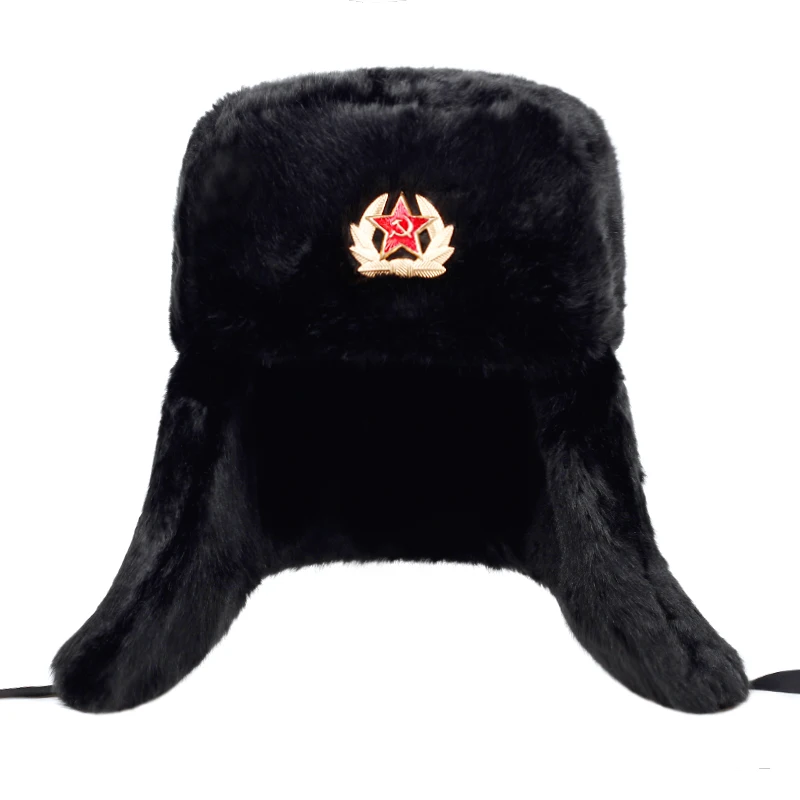 Winter Men Hat Fur Warm Windproof Cap Lei Feng Cap Bomber Faux Fur Ear Flap Caps Black Ski Trooper Trapper Cold Anti Snow Hats