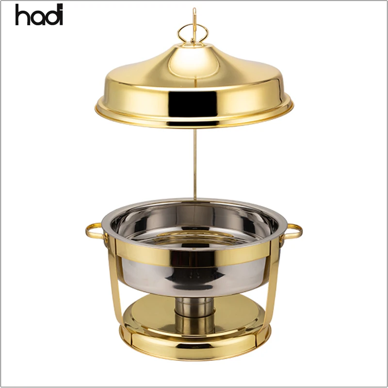HADI stainless serving chafing dishes buffet stove set fancy gold food dome round chafing dish buffet hanging cover