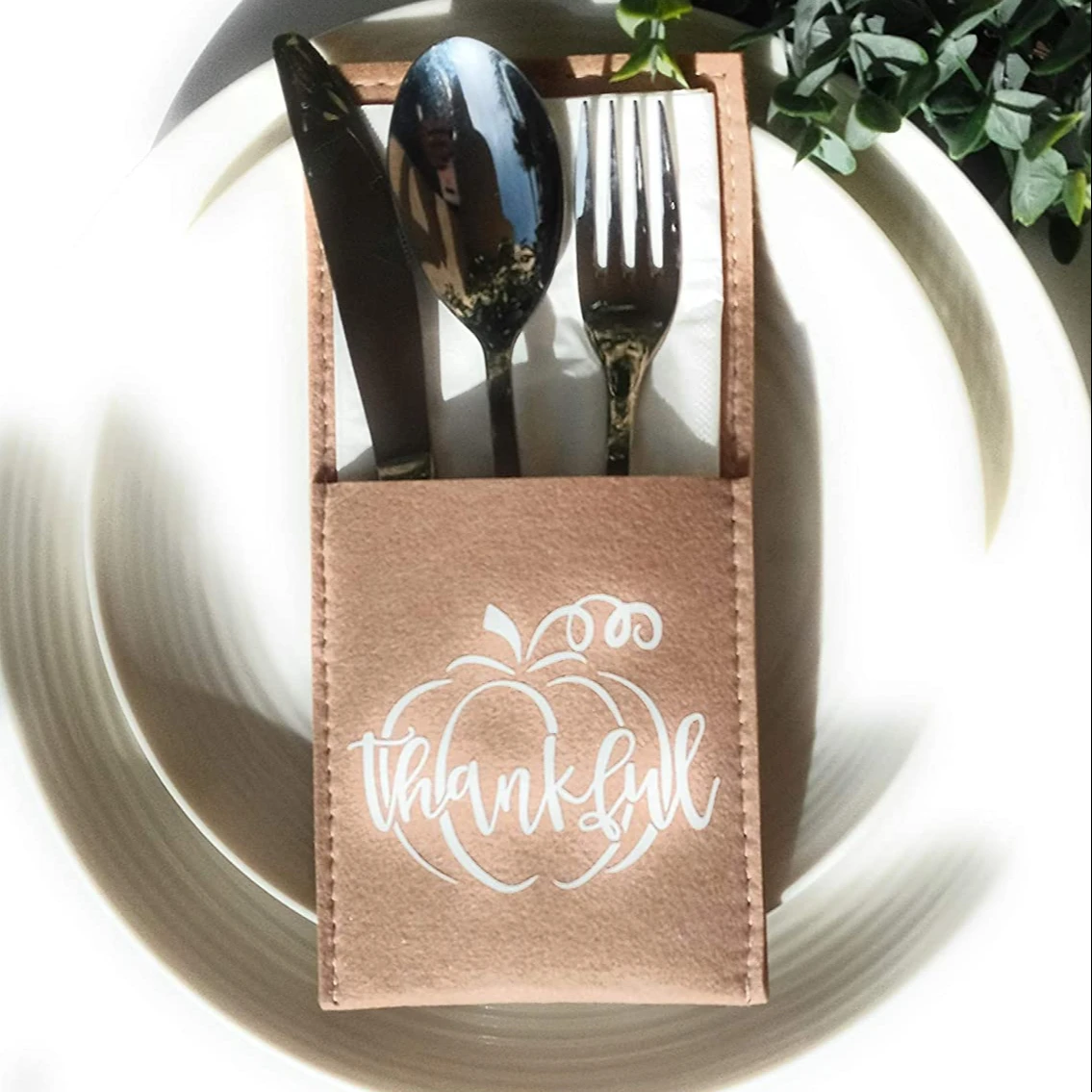 Thanksgiving Day Party Supplies Silk Screen Printing Utensil Brown Soft Felt Cutlery Holder, Knife and Fork Silverware Cover