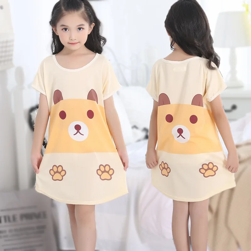 Wholesale Cute Cartoon Summer Girls Wear Thin Short-sleeved Pajamas Nightdress Kids Girls Lovely Indoor Home Dress Sleepwear