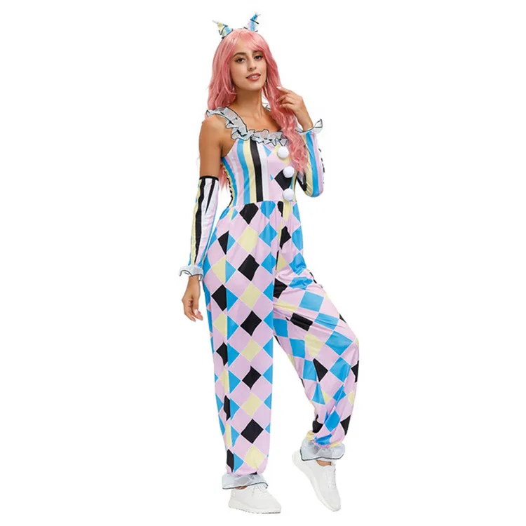 Wholesale Carnival Halloween Party Cosplay Clown Costume Circus Checkered Jumpsuit