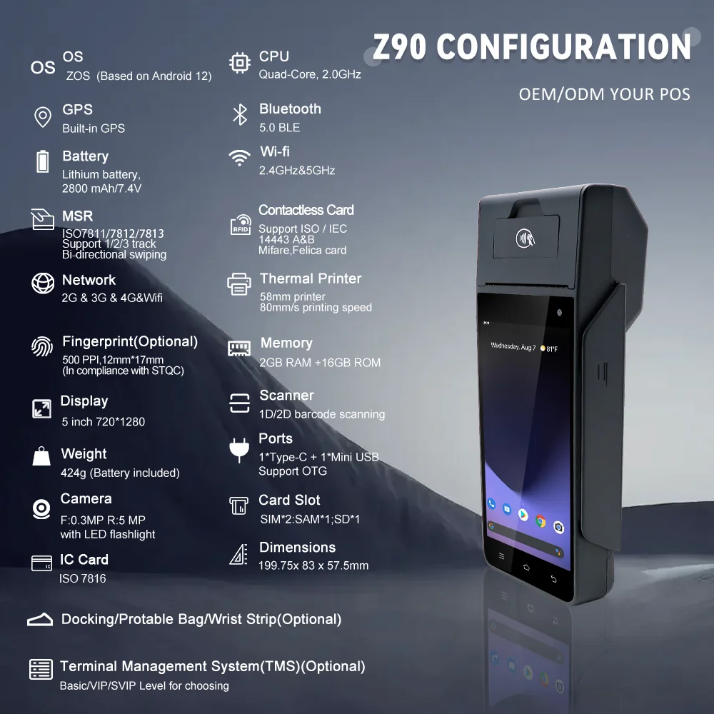 Z90 mobile pos with nfs and swipe point of sale system With Built-in Thermal Printer pda barcode scanner