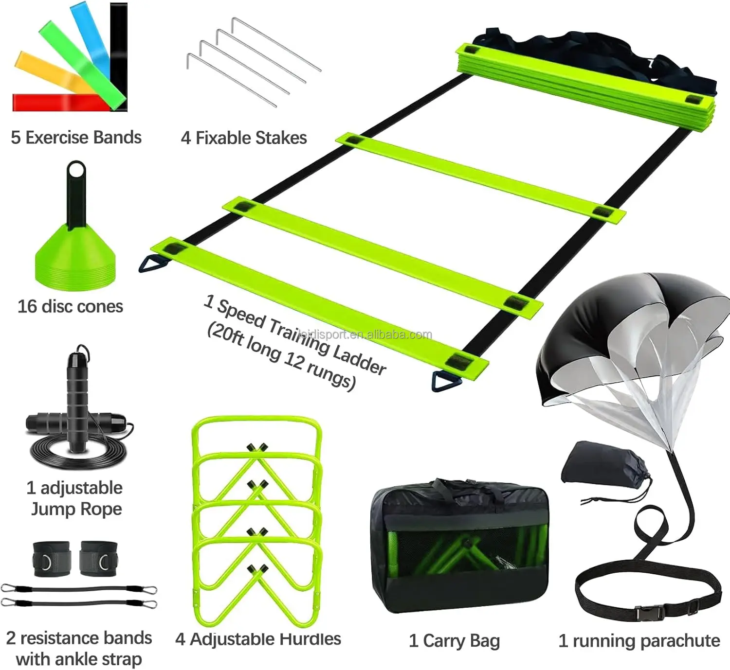 The agile training equipment includes a 20 foot agile ladder and four adjustable agile obstacle soccer cone parachutes,