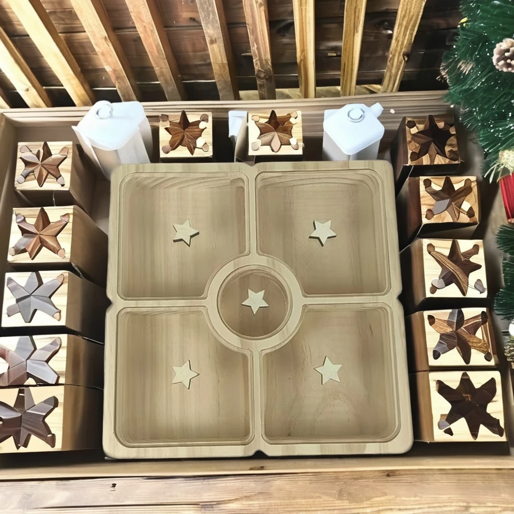 Artistic Pine Wooden Candy Box with Compartment Display Laser Engraved Souvenir and Model Pattern for Home Decorative Use