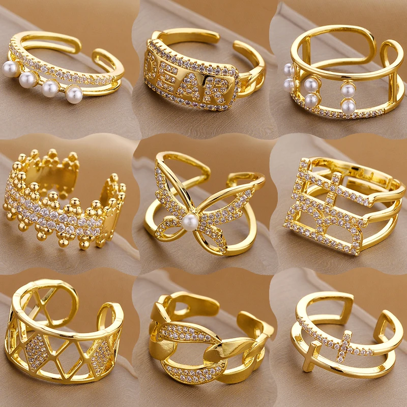 Hot Sale Gold Filled Stackable Adjustable Wrap Hollow Letter Knuckle Finger Rings for Women Girl Adjustable Dainty Jewelry Gifts