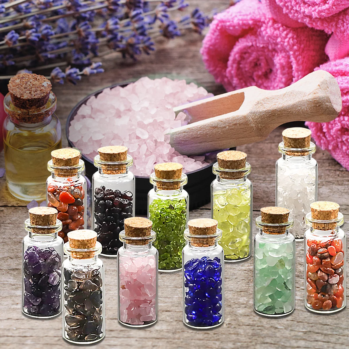 Luxury Amazon Hot Sale Spiritual Healing Chakra Set European-style Raw Colorful Crystal Energy Stones in Glass Bottle of