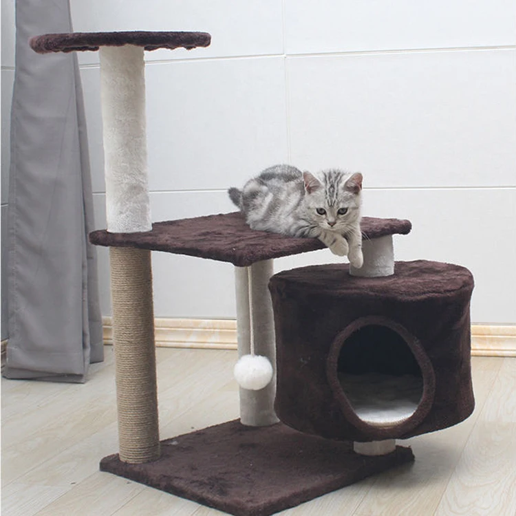 Factory Custom Wholesale Cat Climb Tree short plush Scratching Post Wooden Big House Tower