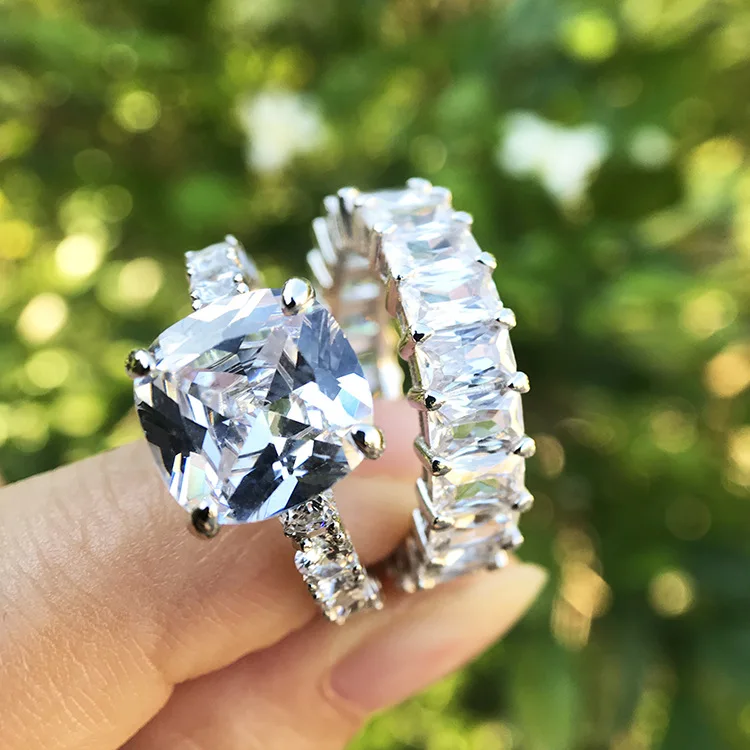  Принимаем на заказ серебро 925 высокое качество роскошные 2 шт./компл. драгоценный камень CZ бриллиантовое кольцо набор обручальные кольца для вечеринки женщин