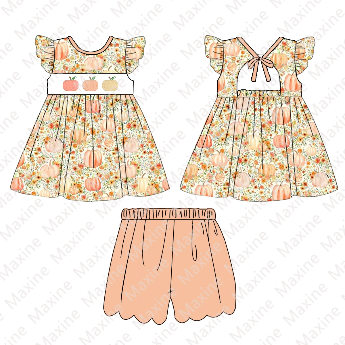 2023 Girls fall boutique outfit flutter top and scalloped shorts outfit pumpkin embroidery baby clothing sets