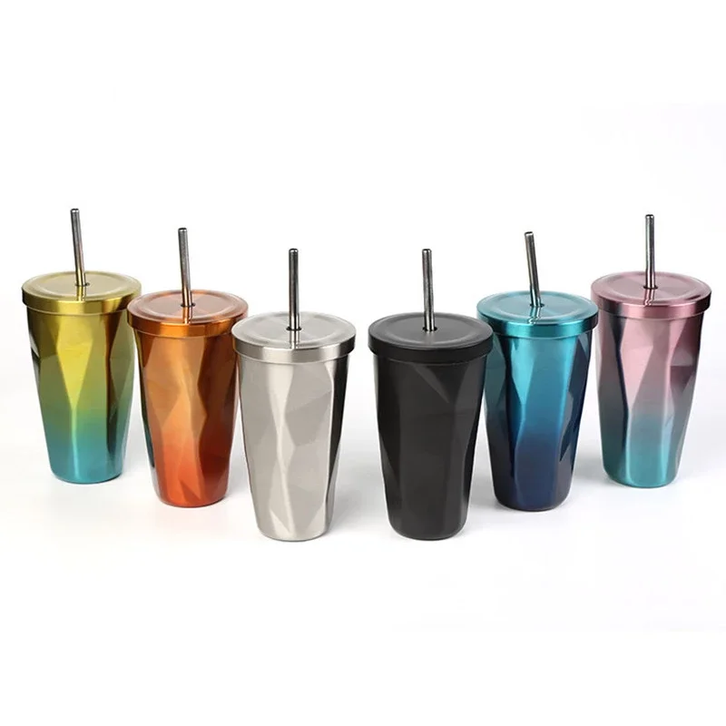 
16oz diamond design Double wall Stainless Steel Insulated tumbler Travel Coffee Mug with Lid and Straw for Unique Gift 