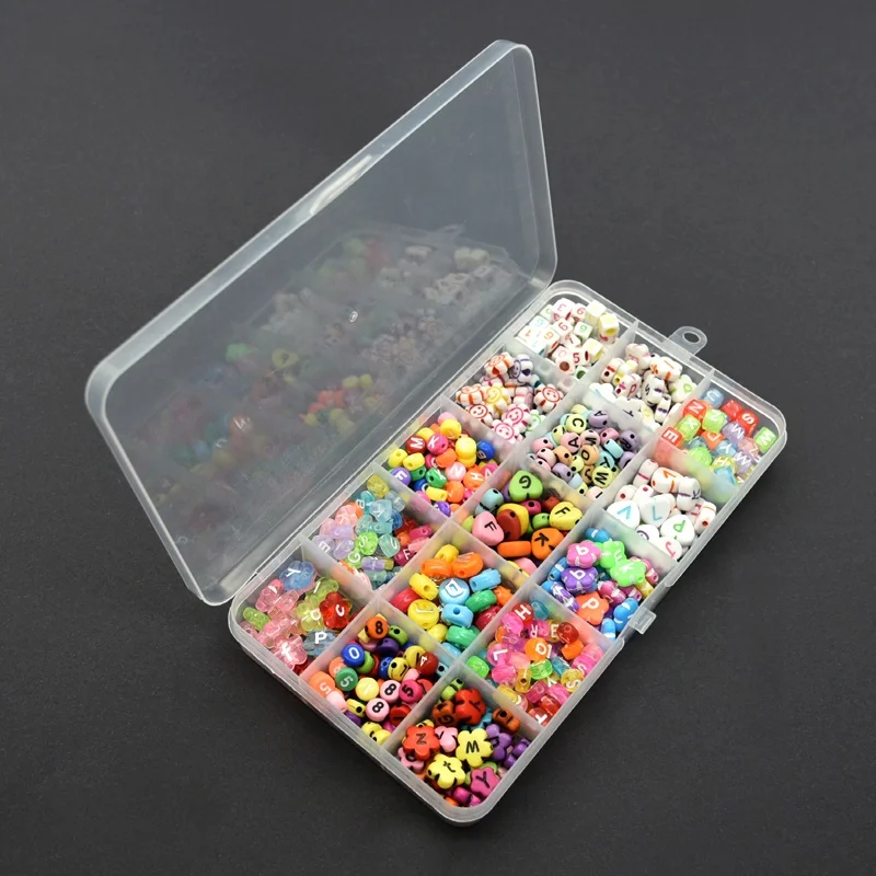 New Design 15 Grids Letter  Number Plastic Acrylic Round Cube Smile Face Flower Alphabet DIY Beads Kit For Jewelry Making