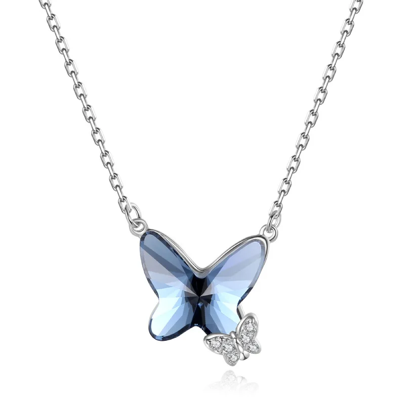 Hot Selling Korea Luxury S925 Sterling Silver Original Butterfly Pendant Jewelry Blue Natural Crystal Zircon Lady Necklace