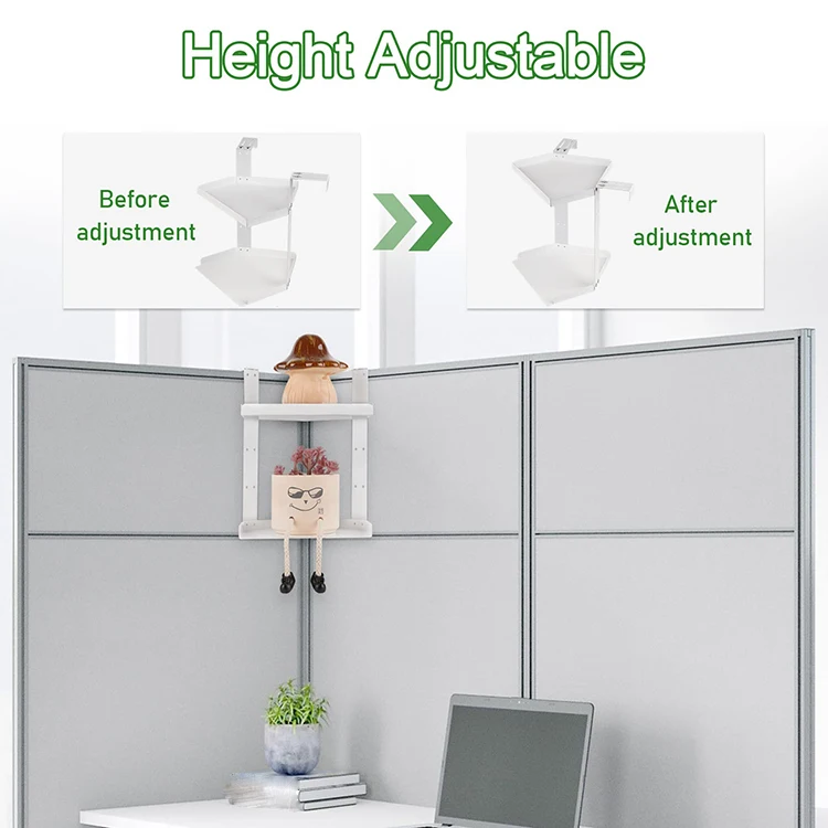 JH-Mech 2 Layers Office Cubicle Shelf Storage Organizer Height Adjustable Floating Corner Rack with Adjustable Hooks